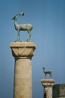 Bronze deer statues in Mandraki harbor, Rhodes Bronze deer statues in Mandraki harbor, Rhodes